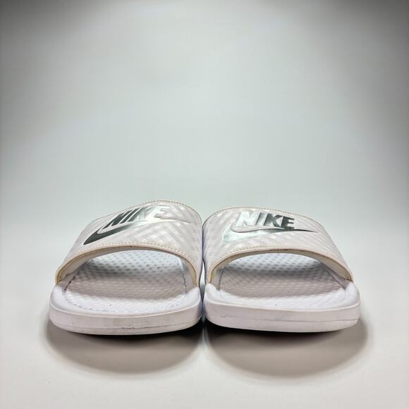 Nike Benassi White Silver Metallic Swoosh Logo Slide Sandals Women's Size 10 - Picture 3 of 9
